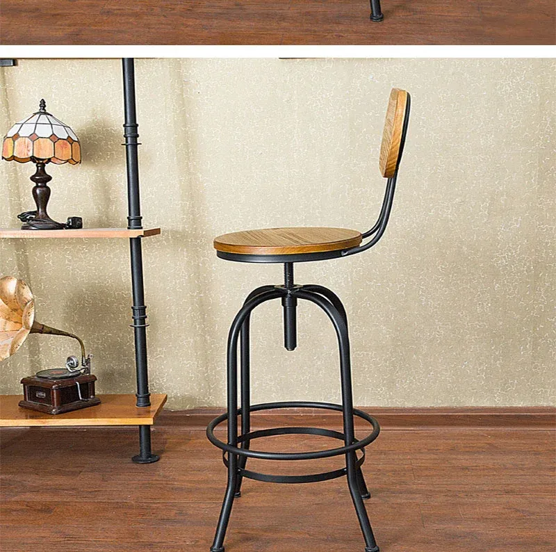 Adjustable Swivel Kitchen Bar Stools - Pinewood Top with Metal Foot and Backrest, Retro Wrought Iron Design for Dining, Cafe, and Loft Spaces - High Stool with Lift Mechanism