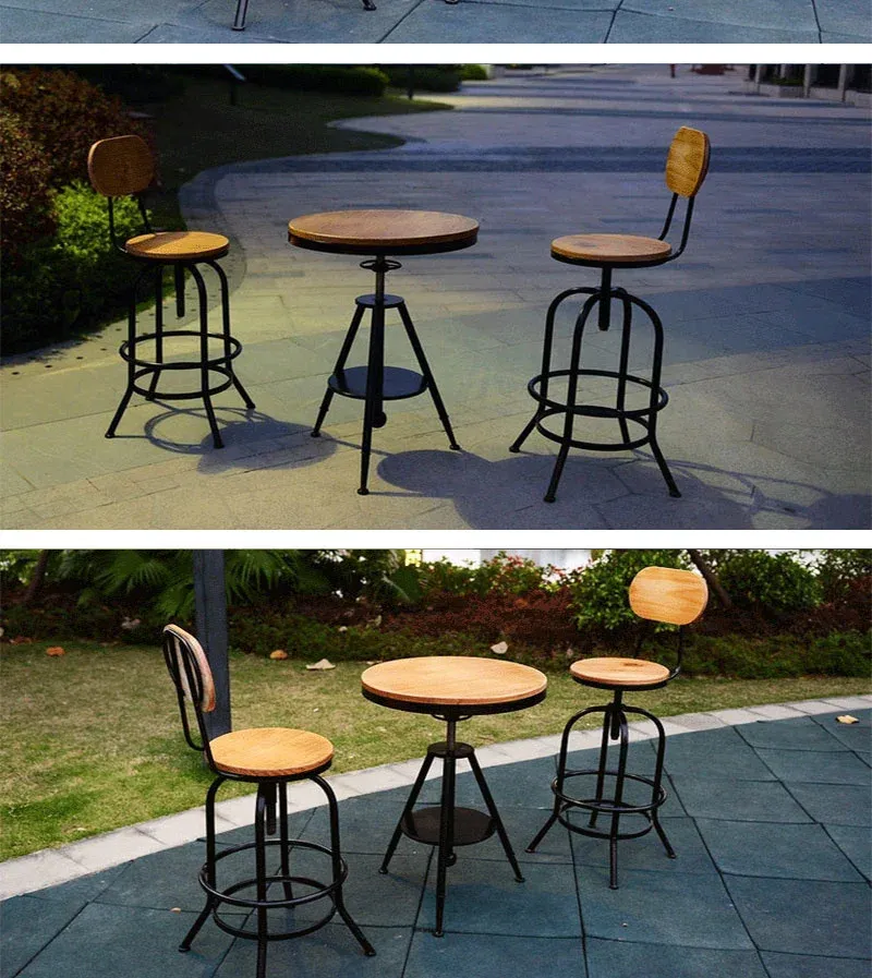 Adjustable Swivel Kitchen Bar Stools - Pinewood Top with Metal Foot and Backrest, Retro Wrought Iron Design for Dining, Cafe, and Loft Spaces - High Stool with Lift Mechanism