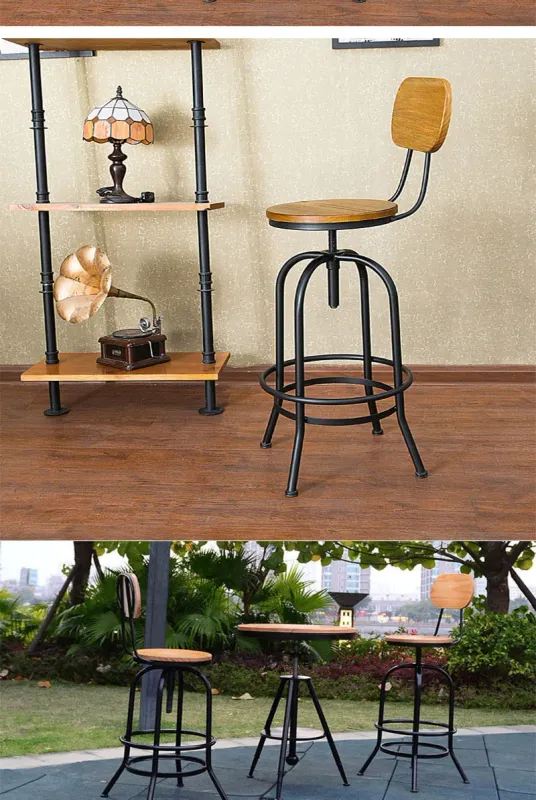 Adjustable Swivel Kitchen Bar Stools - Pinewood Top with Metal Foot and Backrest, Retro Wrought Iron Design for Dining, Cafe, and Loft Spaces - High Stool with Lift Mechanism