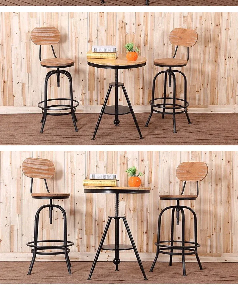 Adjustable Swivel Kitchen Bar Stools - Pinewood Top with Metal Foot and Backrest, Retro Wrought Iron Design for Dining, Cafe, and Loft Spaces - High Stool with Lift Mechanism