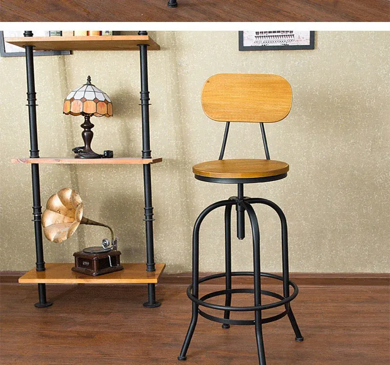 Adjustable Swivel Kitchen Bar Stools - Pinewood Top with Metal Foot and Backrest, Retro Wrought Iron Design for Dining, Cafe, and Loft Spaces - High Stool with Lift Mechanism