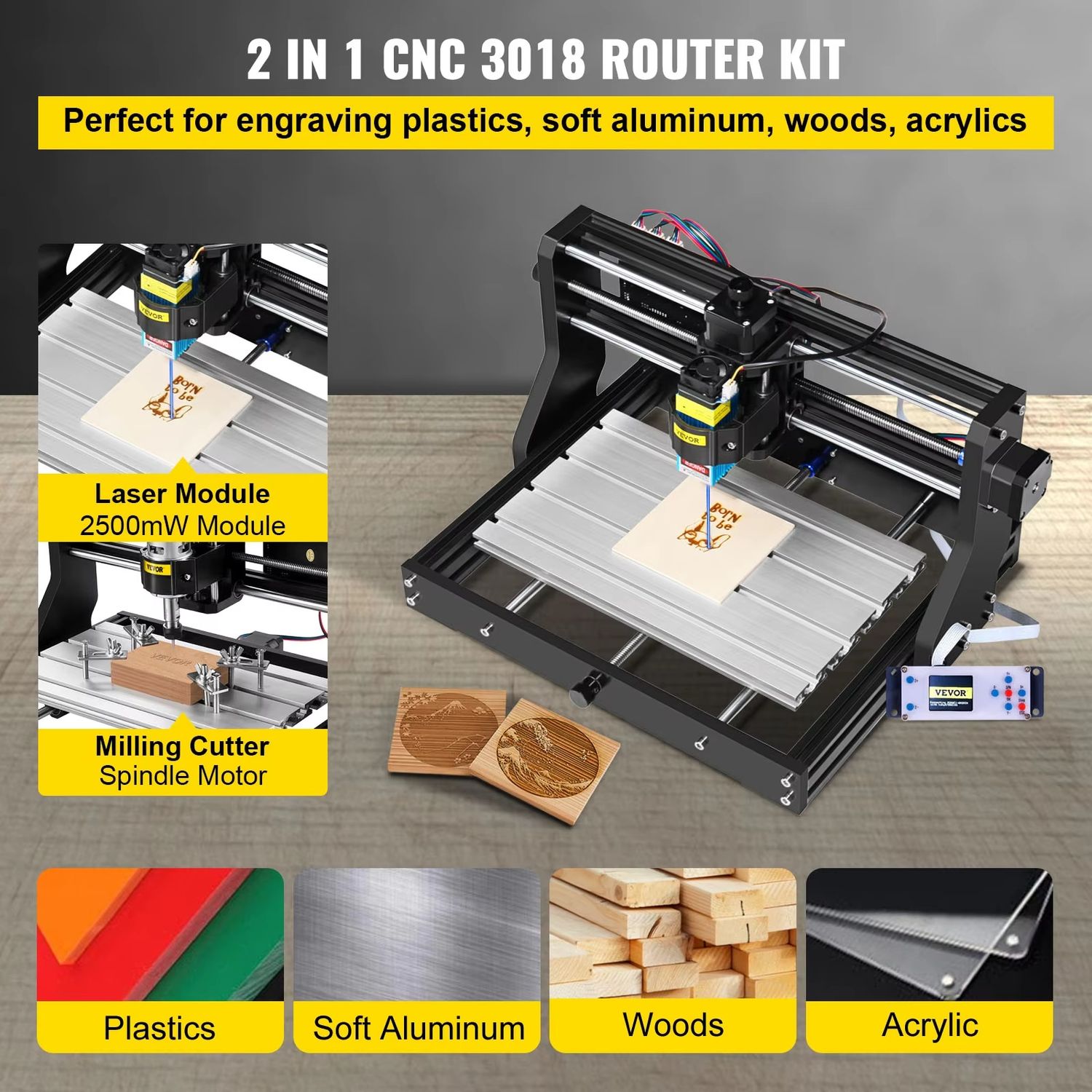 CNC 3018 Router Kit with Laser Engraver – GRBL Control, Adjustable Speed, High-Precision for Wood, Plastic, Soft Metals, and Acrylic, Easy Assembly, Versatile