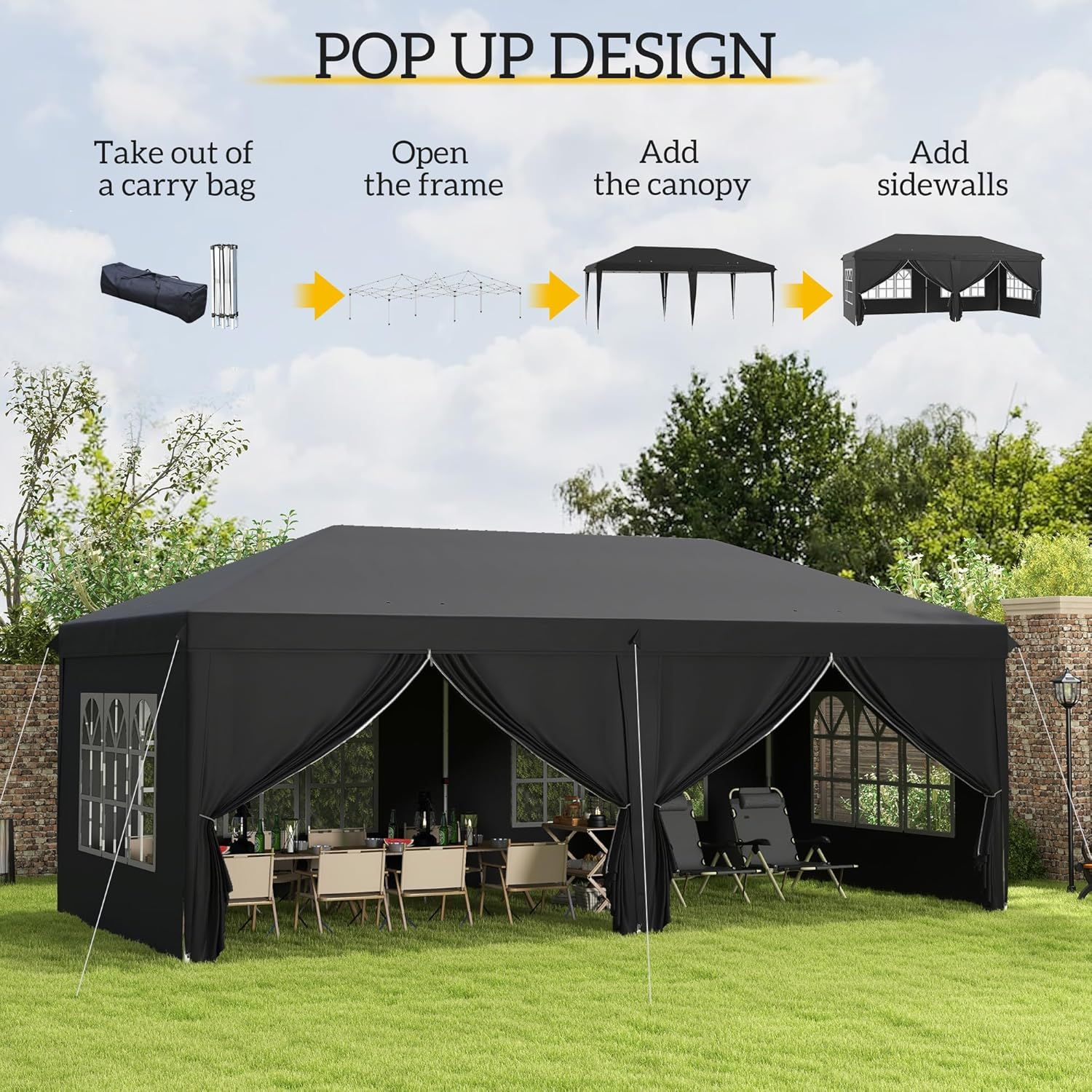 3 m x 6 m Pop-Up Gazebo with Sides &amp; Windows - Height Adjustable Party Tent with Storage Bag, Durable and Easy to Set Up, Ideal for Garden, Camping, and Outdoor Events