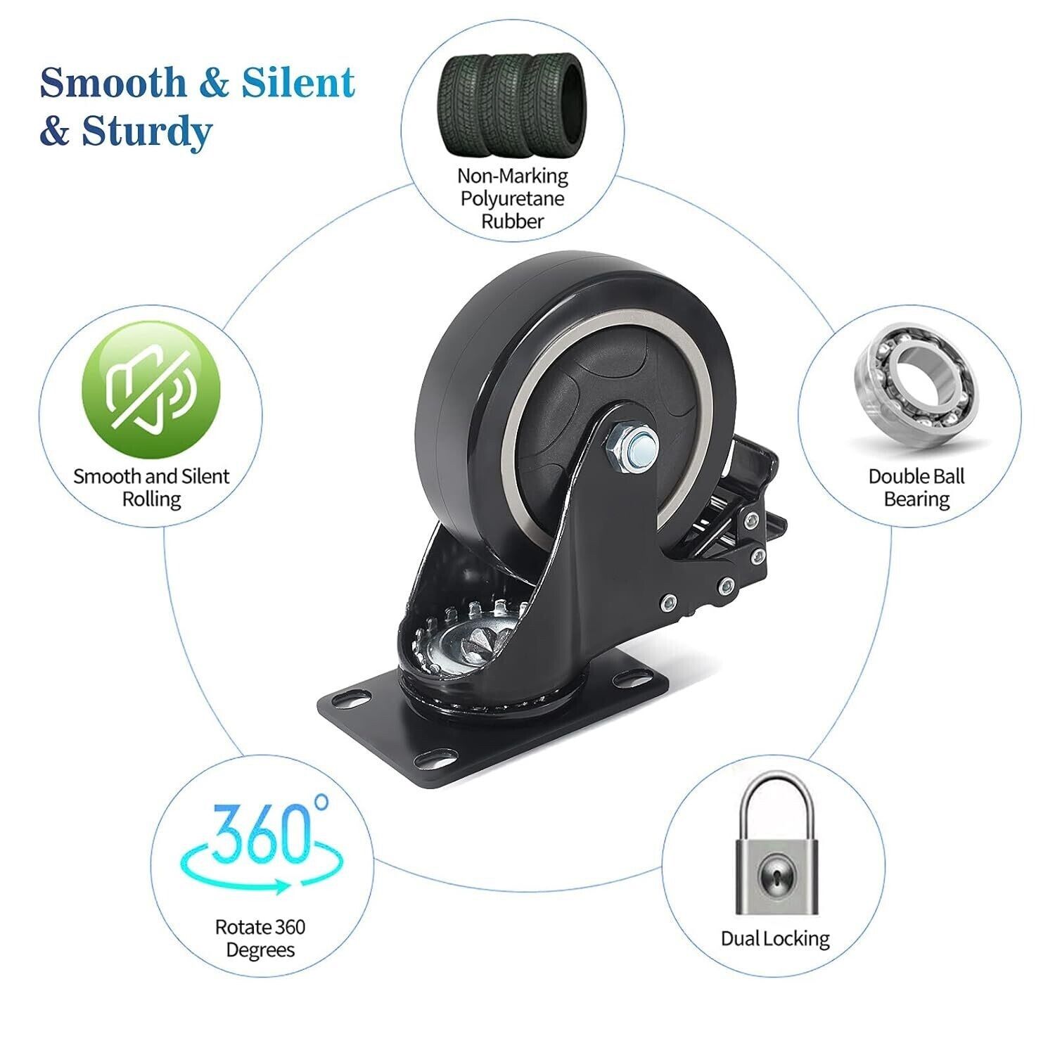 Heavy Duty 50mm Castor Wheels, 200KG Capacity, PU Rubber Swivel Wheels with Wrench and Bolt Screws for Furniture and Trolley Movement (Black, All 4 with Brakes)