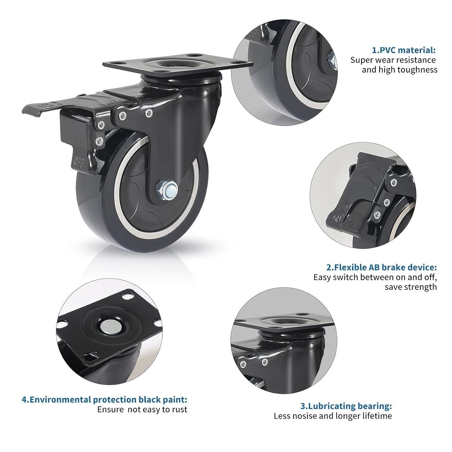 Heavy Duty 50mm Castor Wheels, 200KG Capacity, PU Rubber Swivel Wheels with Wrench and Bolt Screws for Furniture and Trolley Movement (Black, All 4 with Brakes)