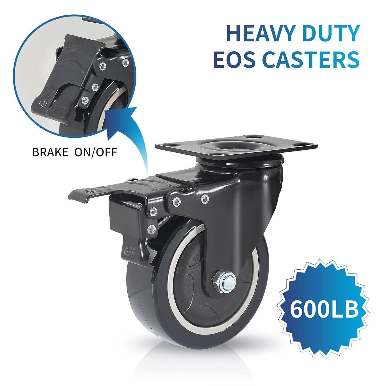 Heavy Duty 50mm Castor Wheels, 200KG Capacity, PU Rubber Swivel Wheels with Wrench and Bolt Screws for Furniture and Trolley Movement (Black, All 4 with Brakes)