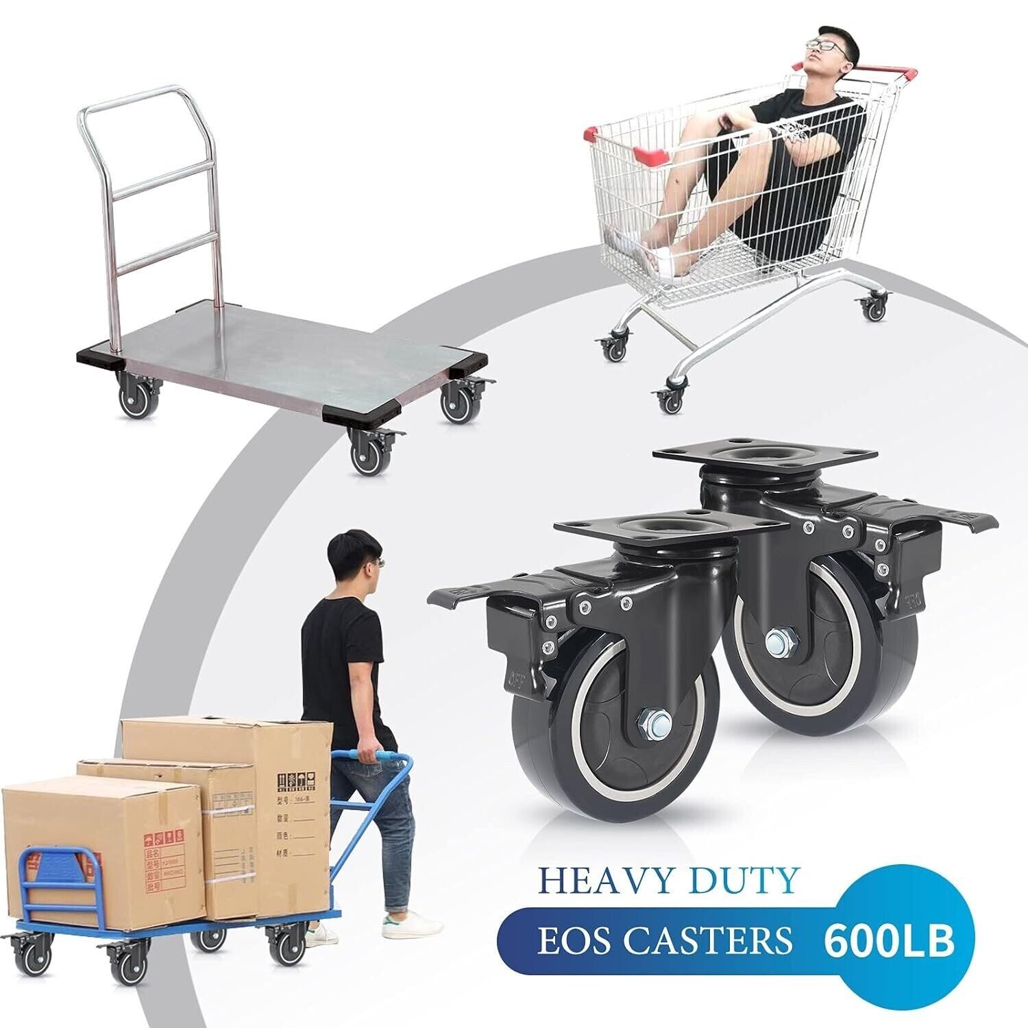 Heavy Duty 50mm Castor Wheels, 200KG Capacity, PU Rubber Swivel Wheels with Wrench and Bolt Screws for Furniture and Trolley Movement (Black, All 4 with Brakes)
