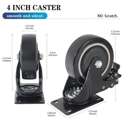 Heavy Duty 50mm Castor Wheels, 200KG Capacity, PU Rubber Swivel Wheels with Wrench and Bolt Screws for Furniture and Trolley Movement (Black, All 4 with Brakes)