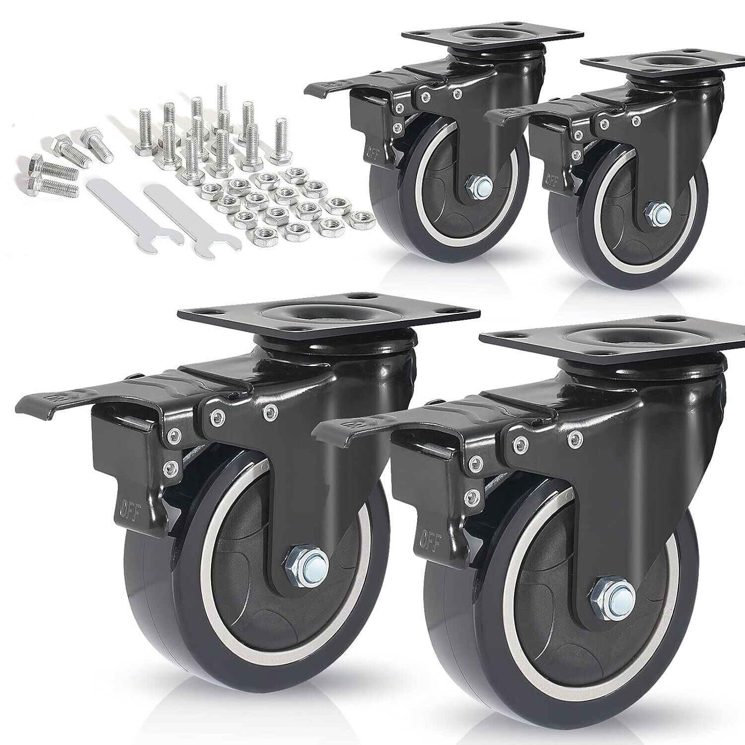 Heavy Duty 50mm Castor Wheels, 200KG Capacity, PU Rubber Swivel Wheels with Wrench and Bolt Screws for Furniture and Trolley Movement (Black, All 4 with Brakes)