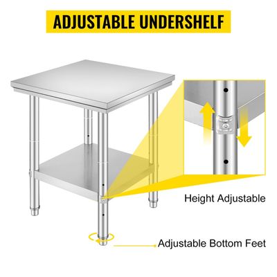 60x60 Stainless Steel Commercial Kitchen Table – Heavy-Duty Workbench for Food Preparation and Storage