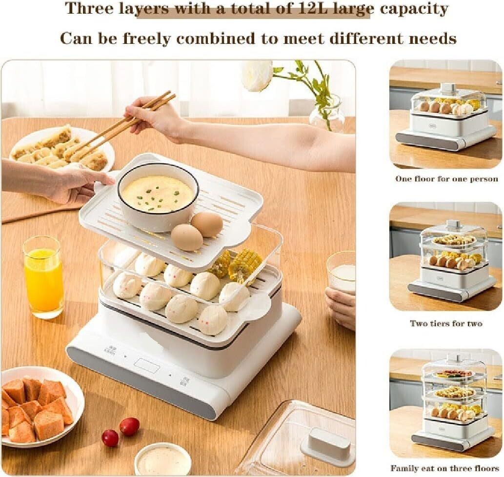 12L Electric Steamer with Three Layers – Large Capacity Visual Steamer, Intelligent Anti-Dry System &amp; Automatic Shut-Off for Easy Cooking