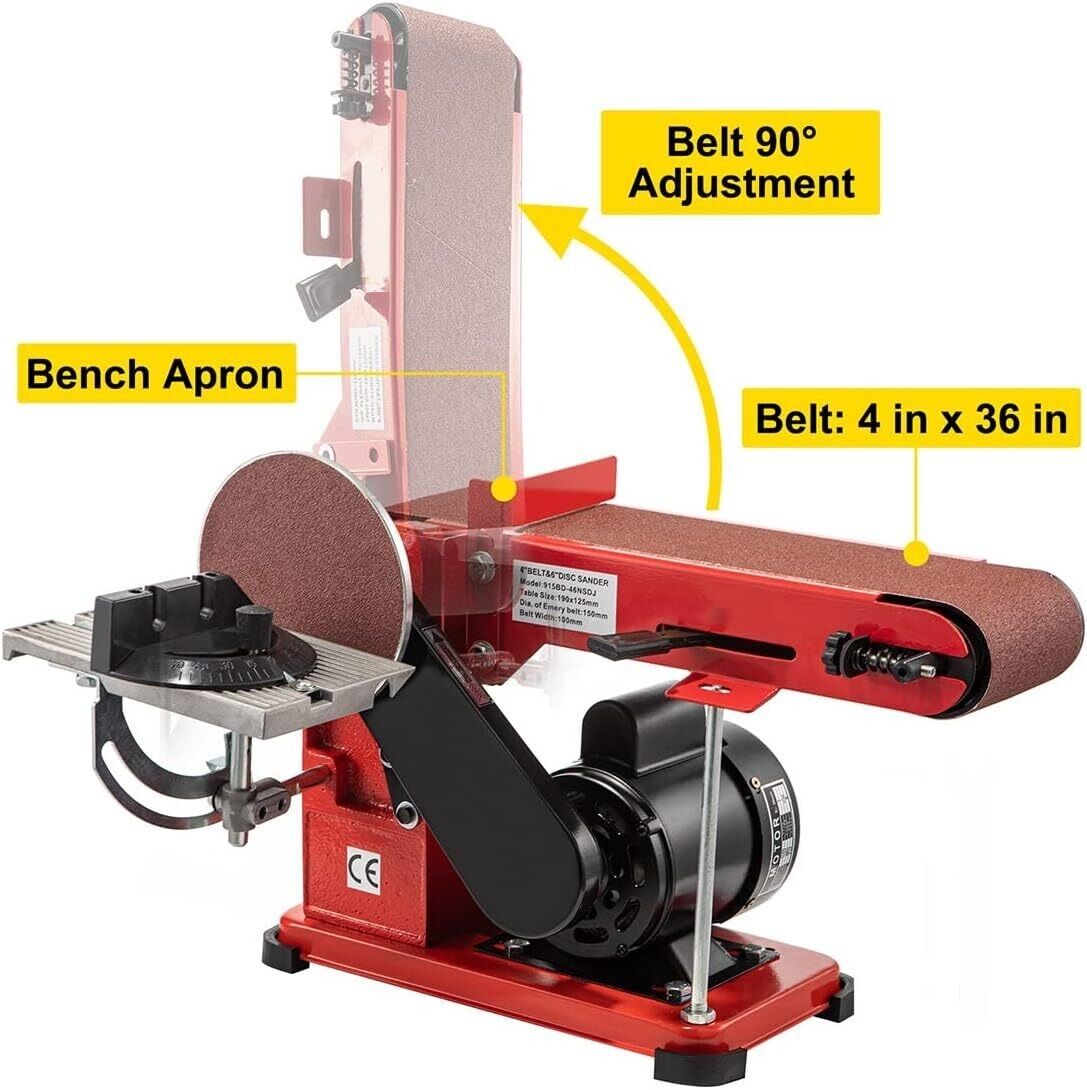 1420 r/min Adjustable Electric Bench Belt Sander – 4&quot; x 36&quot; with 6&quot; Disc, Includes 4 Rubber Foot Pads &amp; Combo