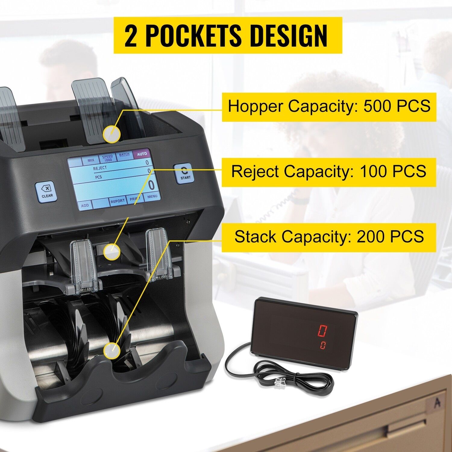 2-Pocket Mixed Denomination Bill Counter with UV, Money Counter Machine Counterfeit Banknote Counter and Detector Capacity: 500 Banknotes, 8 Screen Modes, Banks, Gas Stations
