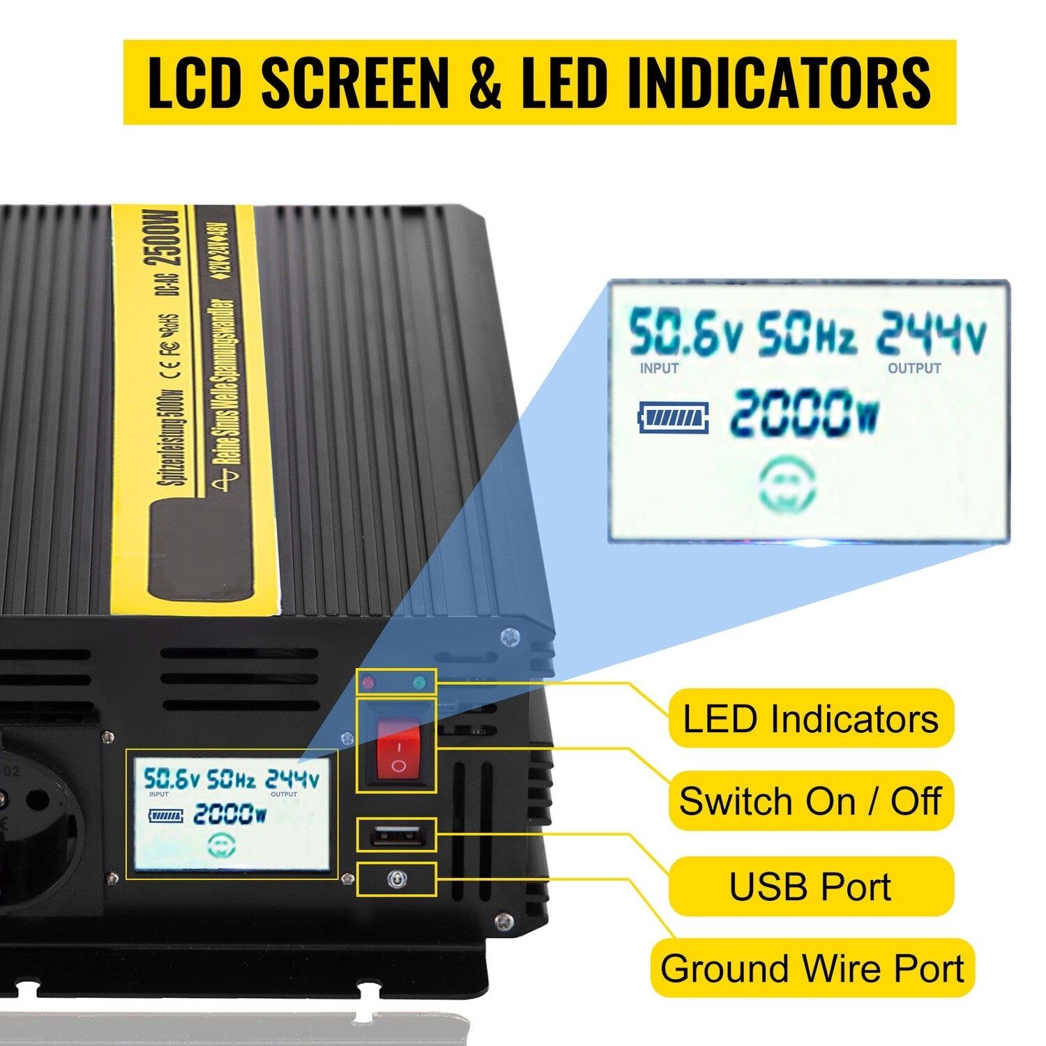 2500W &amp; 5000W Pure Sine Wave Power Inverter - DC 12V to AC 230V Converter for Home, RV, Off-Grid, and Solar Power Systems - High Efficiency and Reliable Performance for Your Energy Needs