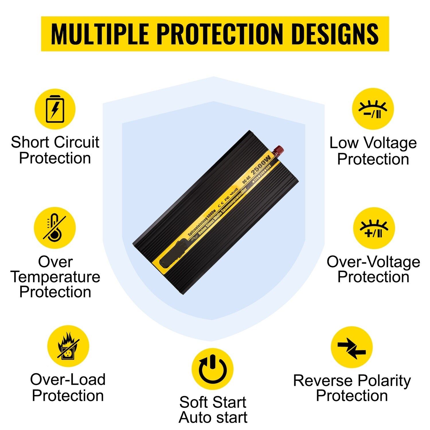 2500W &amp; 5000W Pure Sine Wave Power Inverter - DC 12V to AC 230V Converter for Home, RV, Off-Grid, and Solar Power Systems - High Efficiency and Reliable Performance for Your Energy Needs