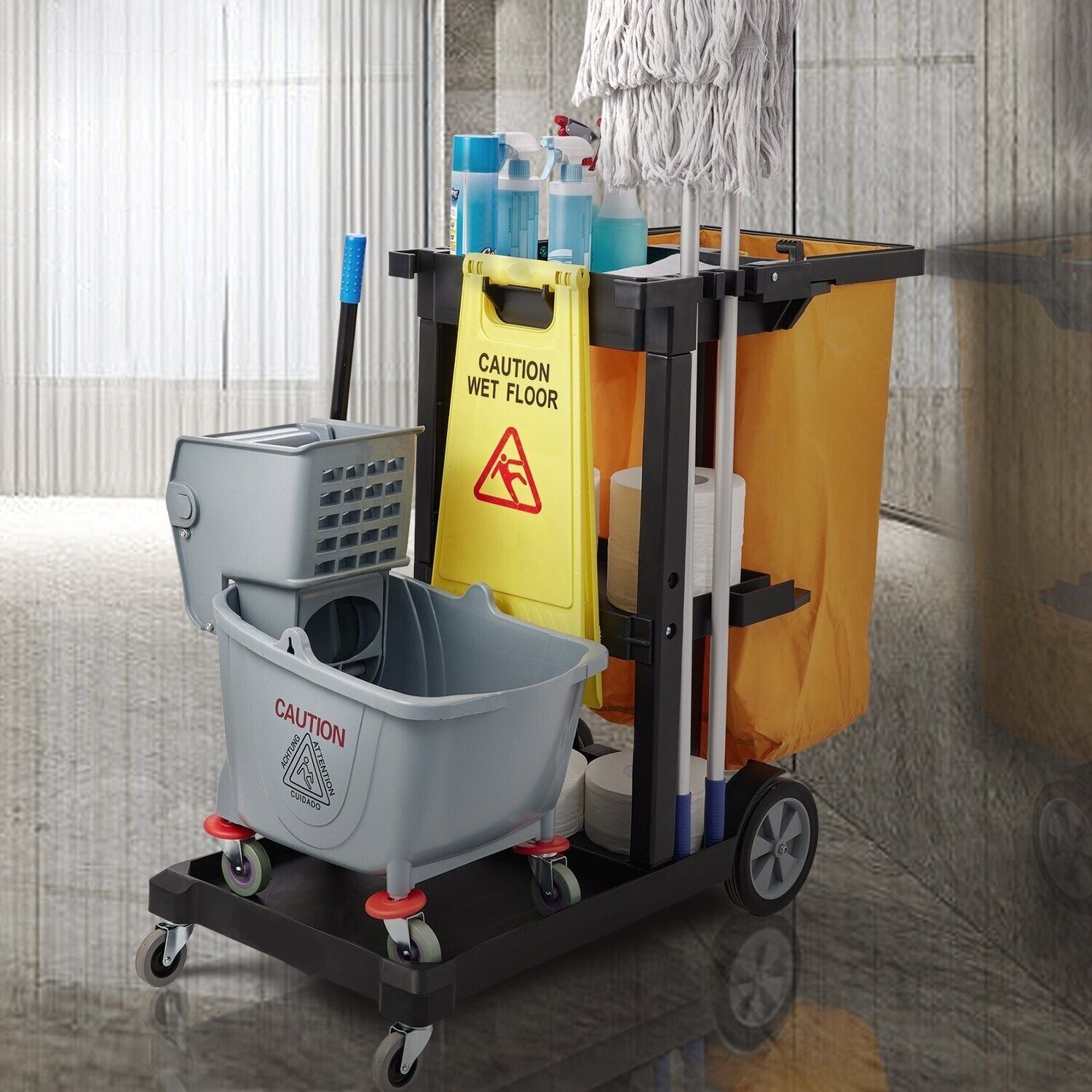 3-Shelf Commercial Janitorial Cart with 25-Gallon PVC Bag and Cover - 200 lbs Capacity, Heavy-Duty Plastic Housekeeping Cart for Efficient Cleaning and Organization