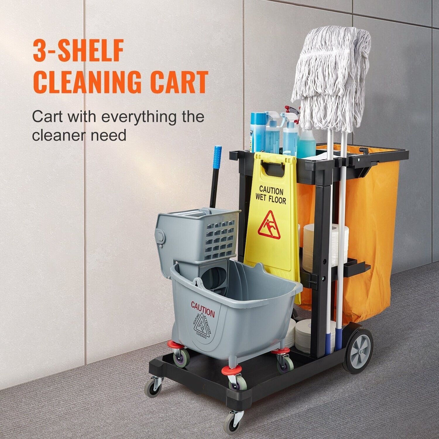 3-Shelf Commercial Janitorial Cart with 25-Gallon PVC Bag and Cover - 200 lbs Capacity, Heavy-Duty Plastic Housekeeping Cart for Efficient Cleaning and Organization