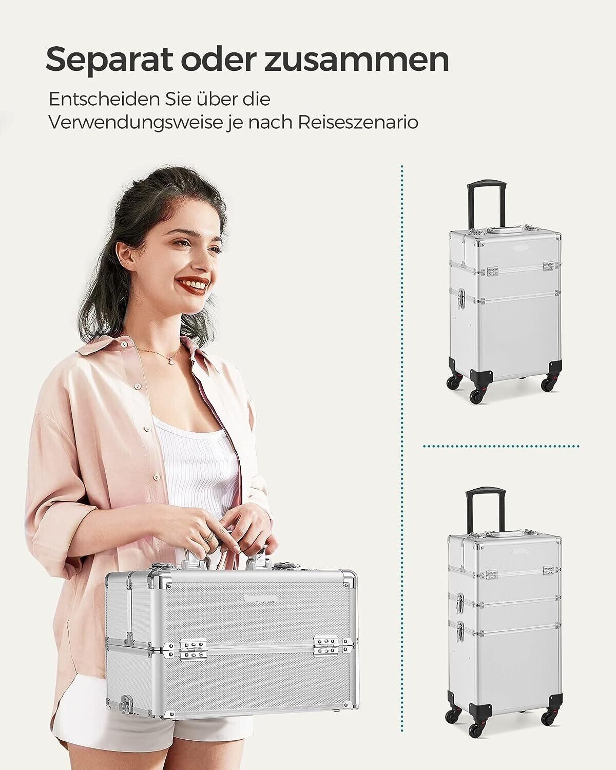 4-in-1 Makeup Trolley Case with Aluminum Construction for Travel - Large Hairdressing Storage with Lockable Design and 360° Rotating Wheels - Stylish and Functional in Silver