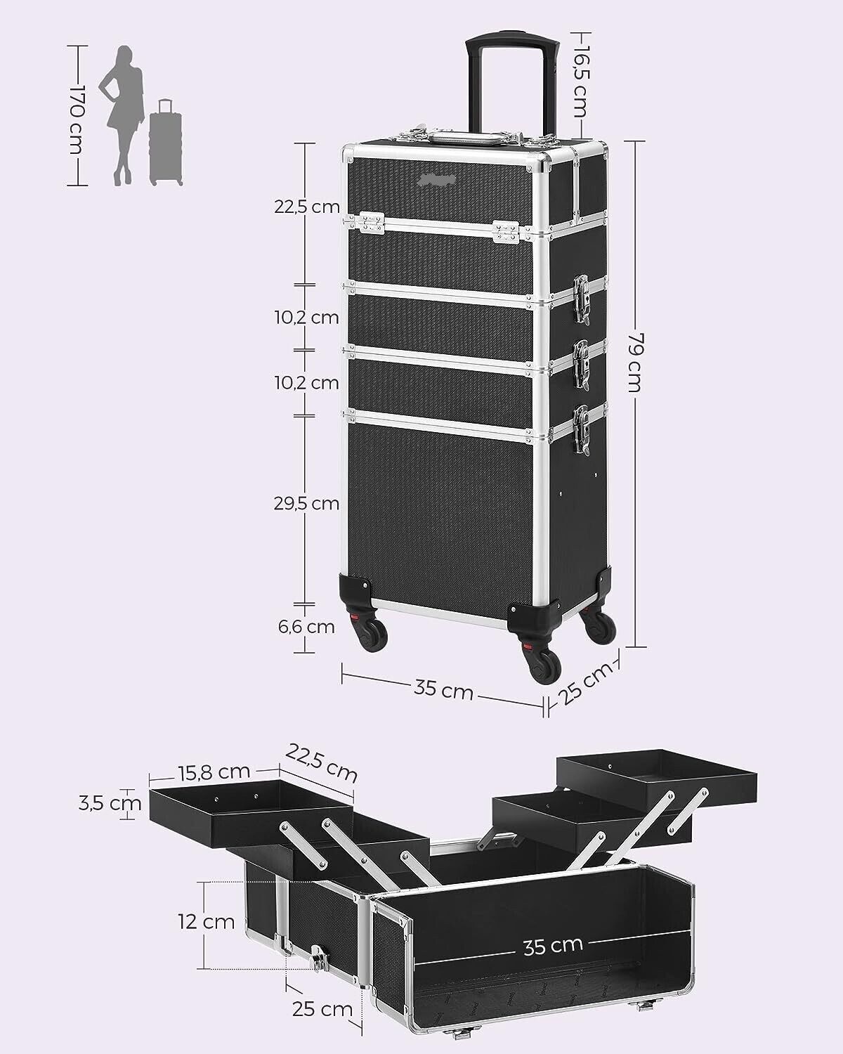 4-in-1 Makeup Trolley Case with Aluminum Construction for Travel - Large Hairdressing Storage with Lockable Design and 360° Rotating Wheels - Stylish and Functional in Silver