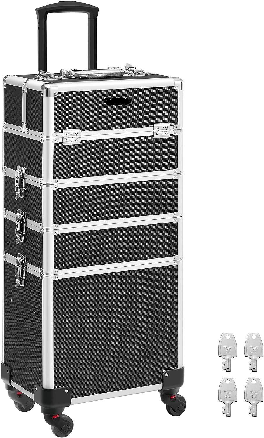 4-in-1 Makeup Trolley Case with Aluminum Construction for Travel - Large Hairdressing Storage with Lockable Design and 360° Rotating Wheels - Stylish and Functional in Silver