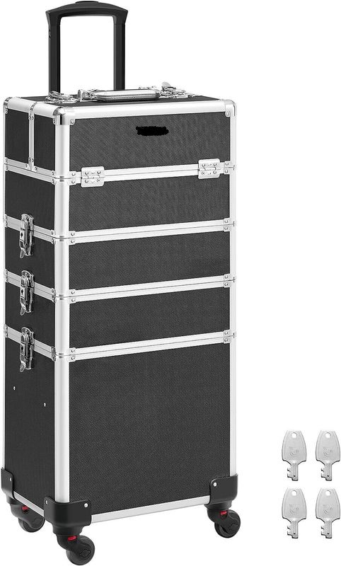 4-in-1 Makeup Trolley Case with Aluminum Construction for Travel - Large Hairdressing Storage with Lockable Design and 360° Rotating Wheels - Stylish and Functional in Silver