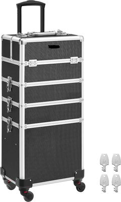4-in-1 Makeup Trolley Case with Aluminum Construction for Travel - Large Hairdressing Storage with Lockable Design and 360° Rotating Wheels - Stylish and Functional in Silver