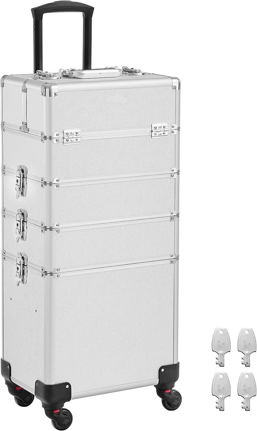 4-in-1 Makeup Trolley Case with Aluminum Construction for Travel - Large Hairdressing Storage with Lockable Design and 360° Rotating Wheels - Stylish and Functional in Silver