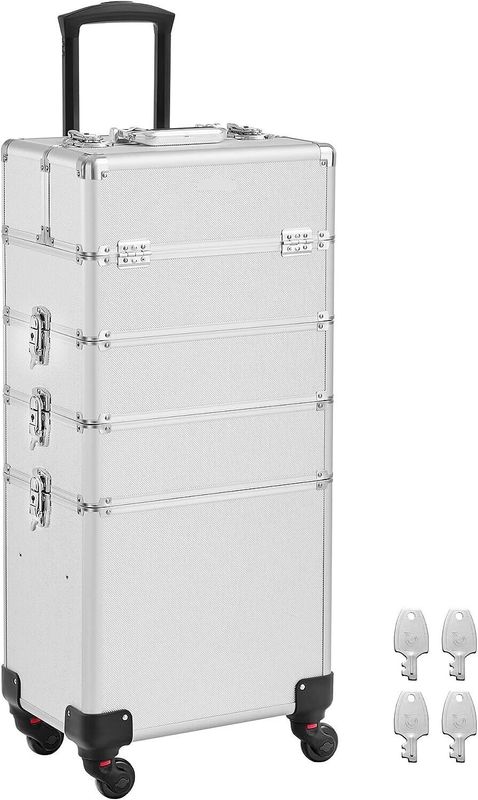 4-in-1 Makeup Trolley Case with Aluminum Construction for Travel - Large Hairdressing Storage with Lockable Design and 360° Rotating Wheels - Stylish and Functional in Silver