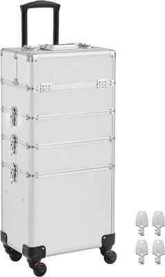 4-in-1 Makeup Trolley Case with Aluminum Construction for Travel - Large Hairdressing Storage with Lockable Design and 360° Rotating Wheels - Stylish and Functional in Silver