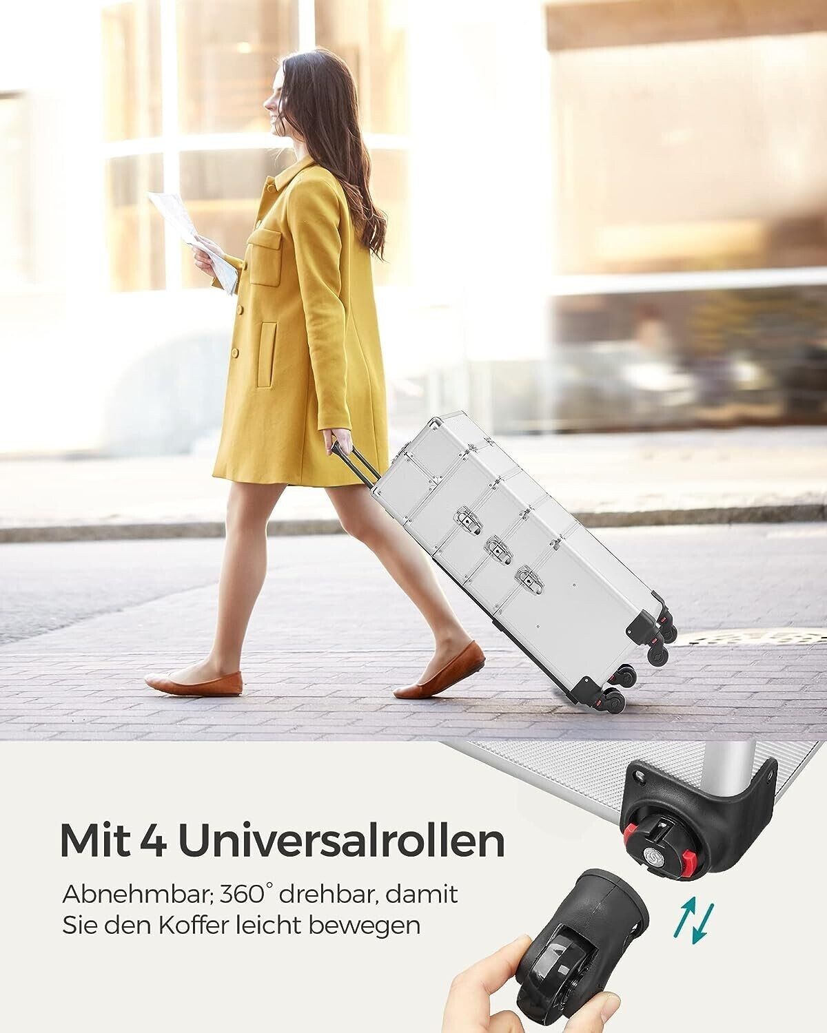 4-in-1 Makeup Trolley Case with Aluminum Construction for Travel - Large Hairdressing Storage with Lockable Design and 360° Rotating Wheels - Stylish and Functional in Silver