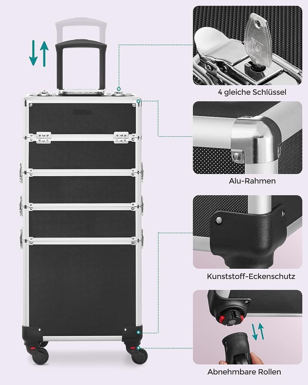 4-in-1 Makeup Trolley Case with Aluminum Construction for Travel - Large Hairdressing Storage with Lockable Design and 360° Rotating Wheels - Stylish and Functional in Silver