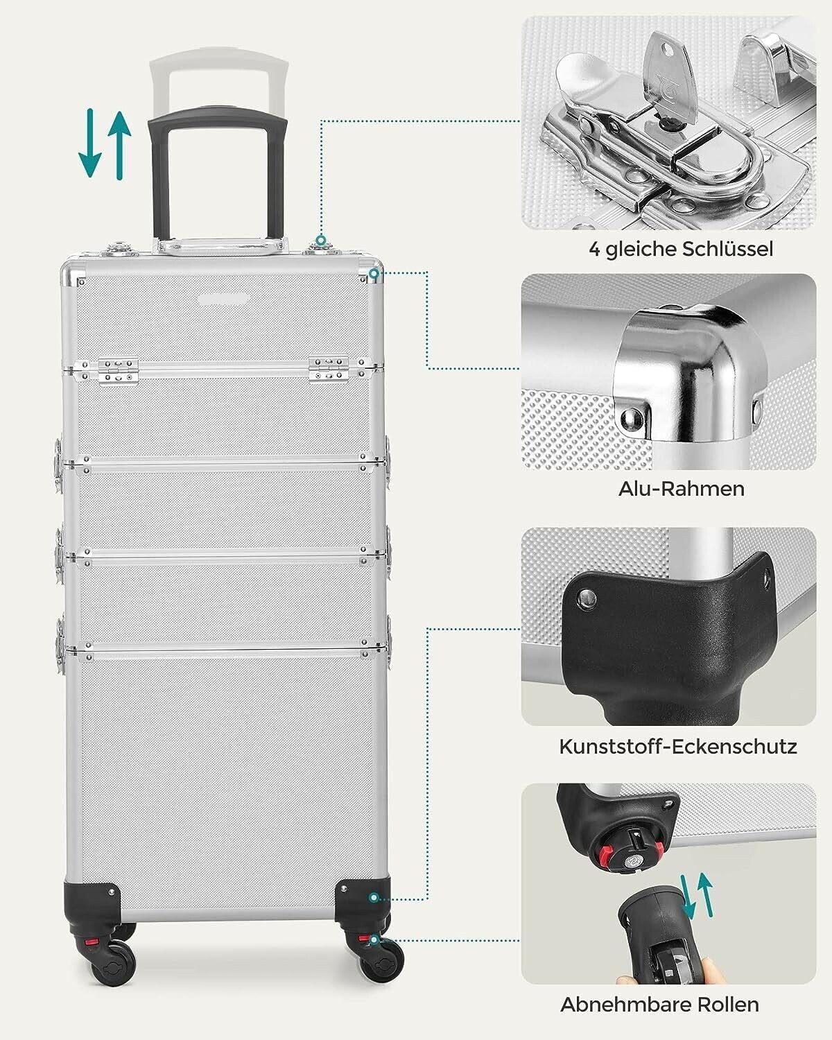 4-in-1 Makeup Trolley Case with Aluminum Construction for Travel - Large Hairdressing Storage with Lockable Design and 360° Rotating Wheels - Stylish and Functional in Silver