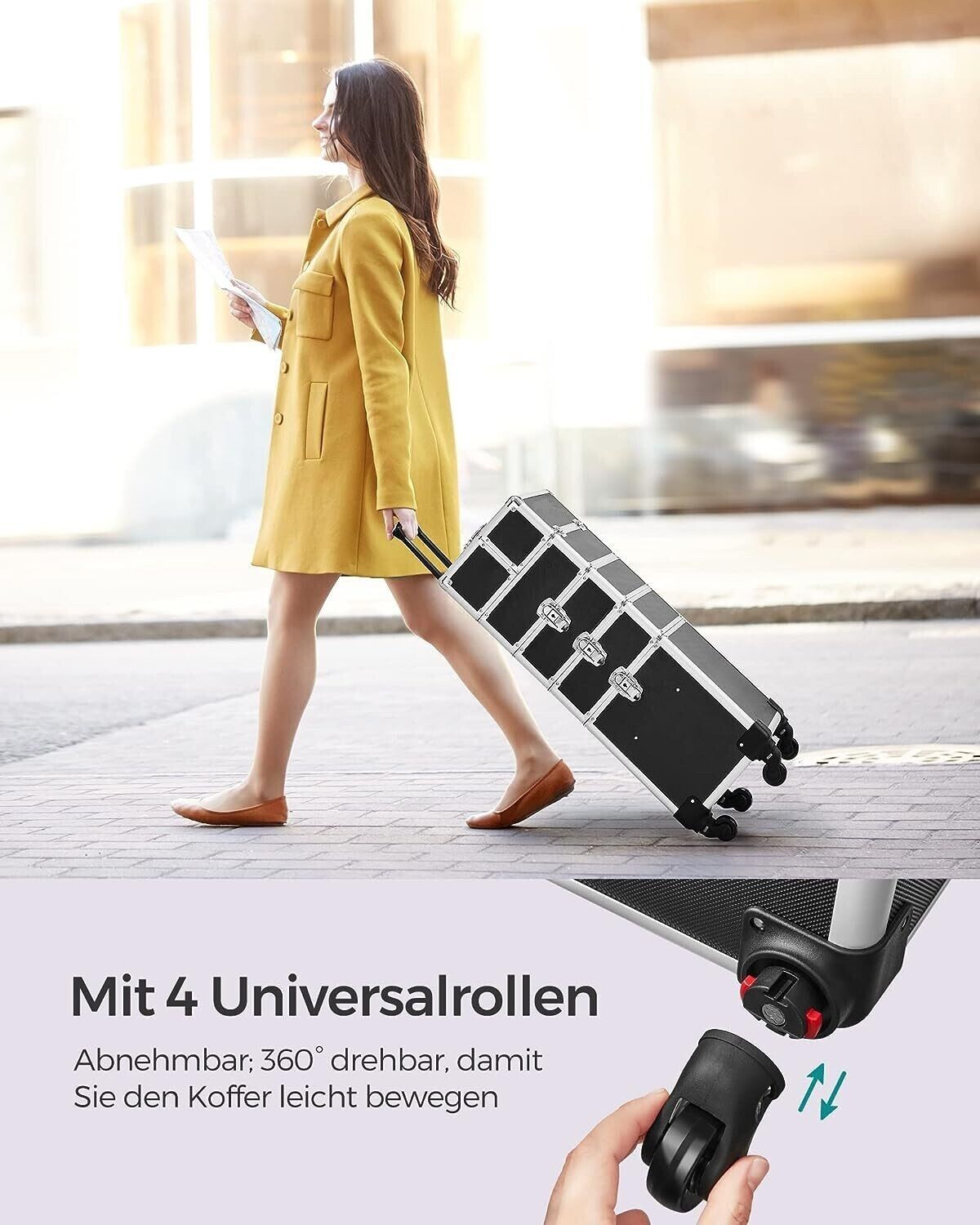 4-in-1 Makeup Trolley Case with Aluminum Construction for Travel - Large Hairdressing Storage with Lockable Design and 360° Rotating Wheels - Stylish and Functional in Silver
