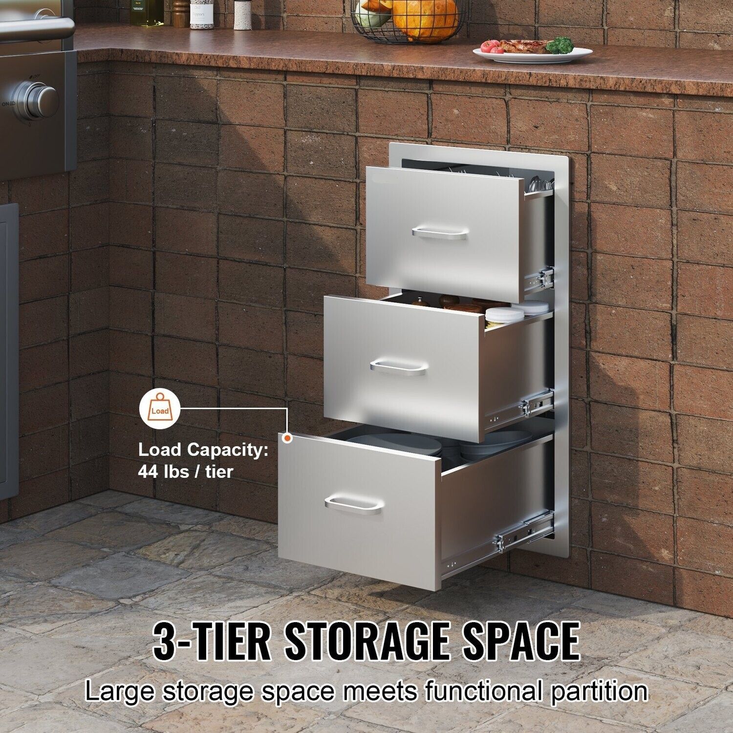 40x77 cm Stainless Steel BBQ Island Drawer Storage - Outdoor 3-Drawer Access for Grilling Accessories and Utensils - Durable and Weather-Resistant Design