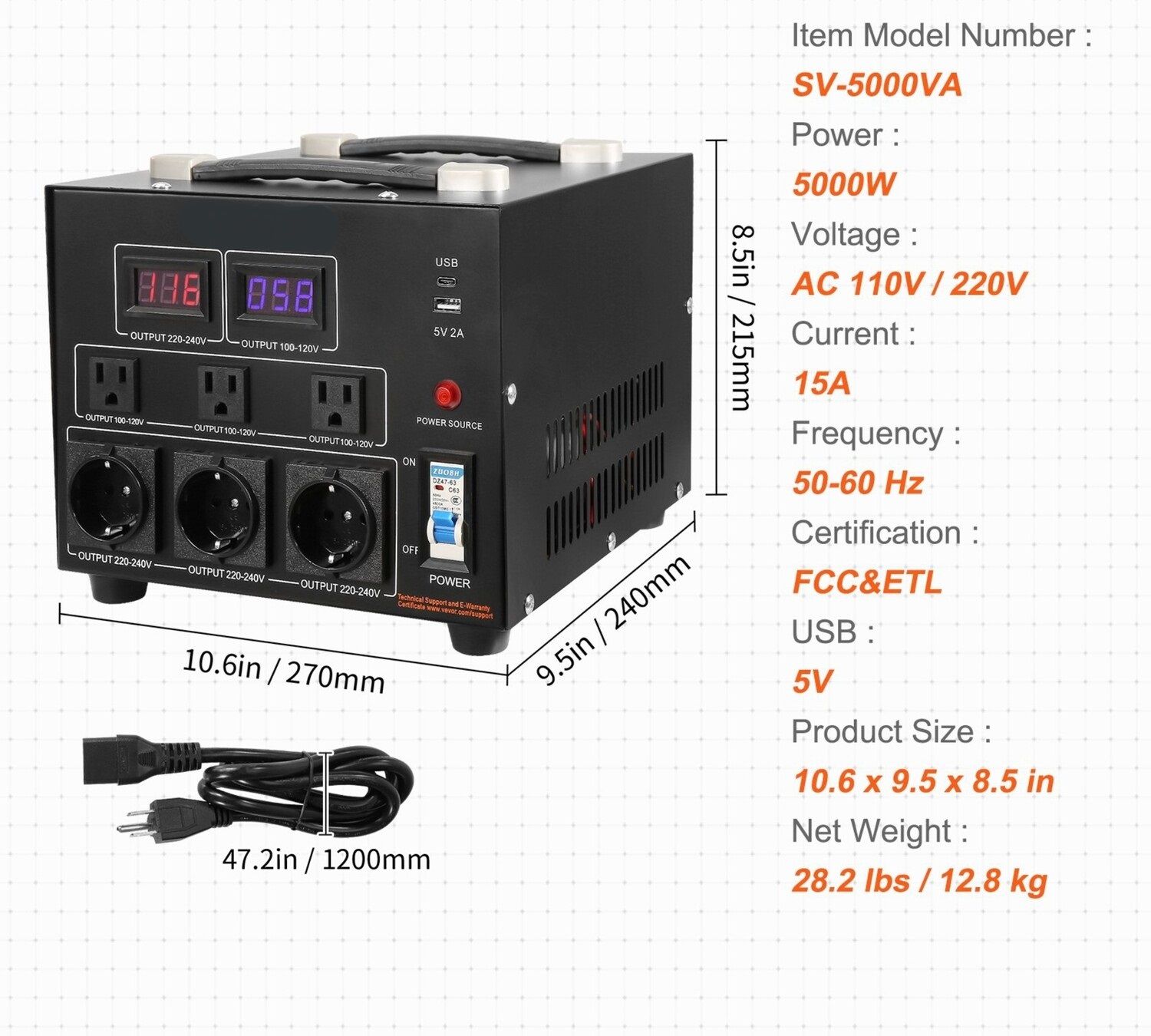 5000W Heavy Duty Step-Up/Step-Down Transformer - Converts 110V to 220V for Reliable Power Supply