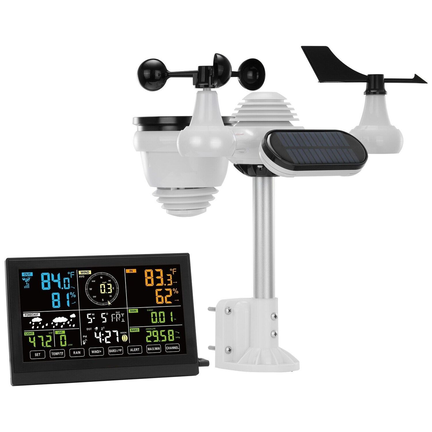 7-in-1 Wireless Digital Home Weather Station - Indoor/Outdoor Temperature, Humidity, Wind Speed/Direction, Rainfall, UV Monitoring with Forecast Data, Alarm, and Alerts