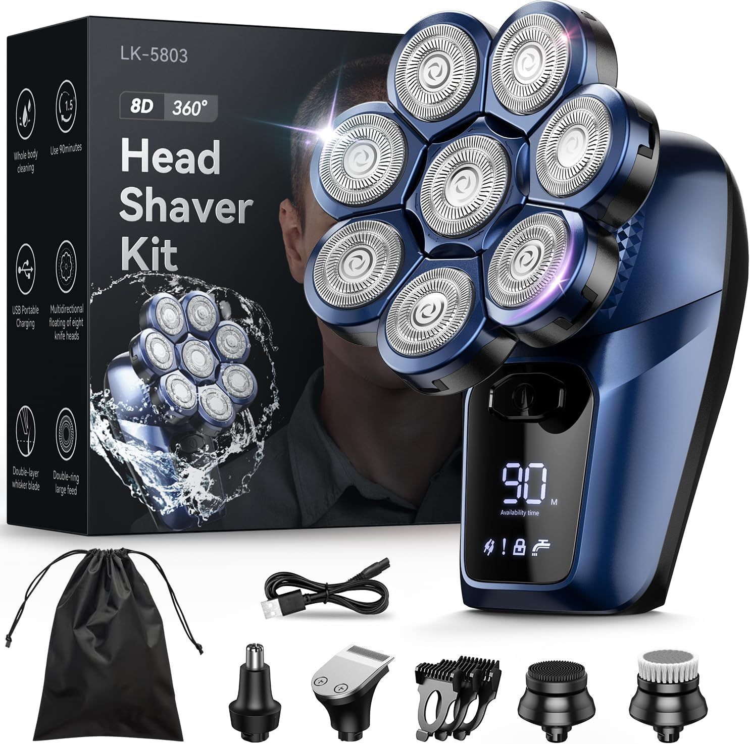 Waterproof Head Electric Razor Shavers for Bald Men with Nose Trimmer, Wet/Dry Mens Grooming Kit,  LED Display, USB Rechargeable