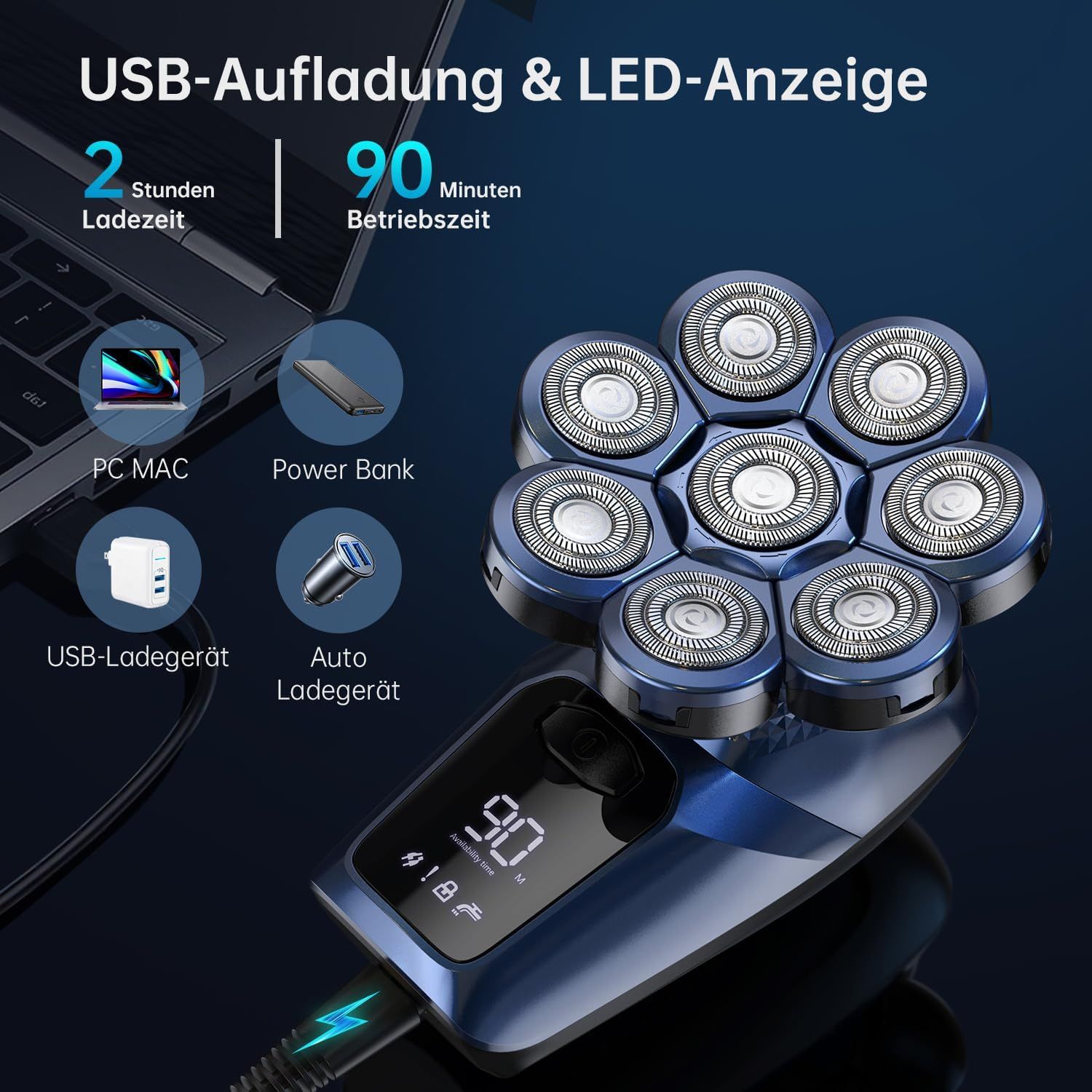 Waterproof Head Electric Razor Shavers for Bald Men with Nose Trimmer, Wet/Dry Mens Grooming Kit,  LED Display, USB Rechargeable