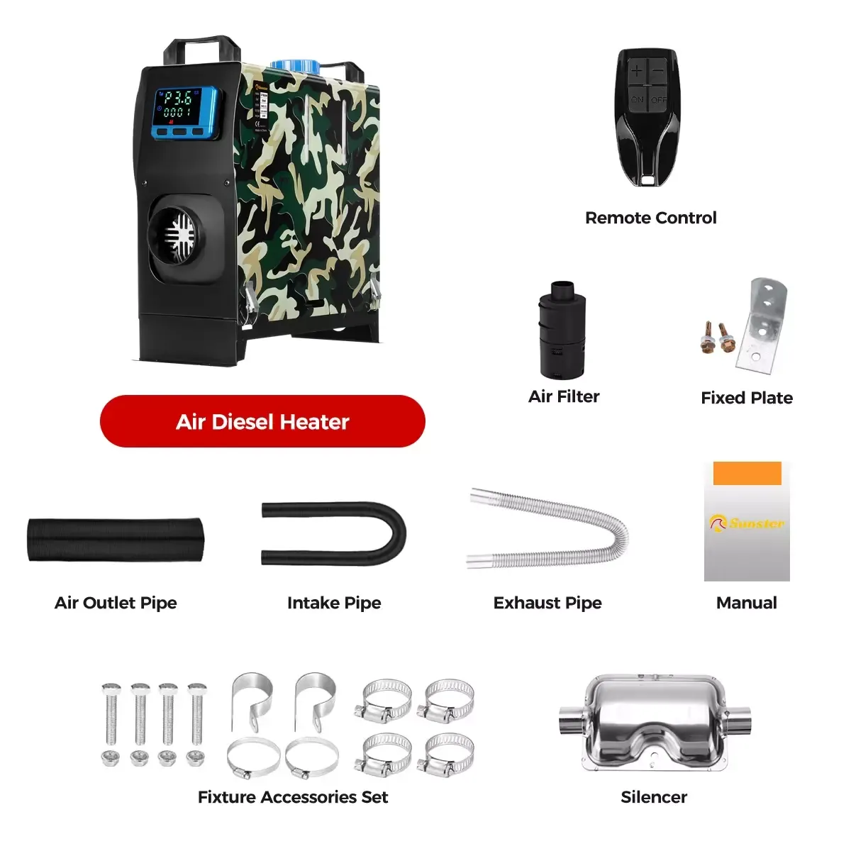 2/3/5/8KW 12V Diesel Air Heater – Parking Heater with Silencer, LCD Display, and Remote Control, POWER: 8KW with no Adapter