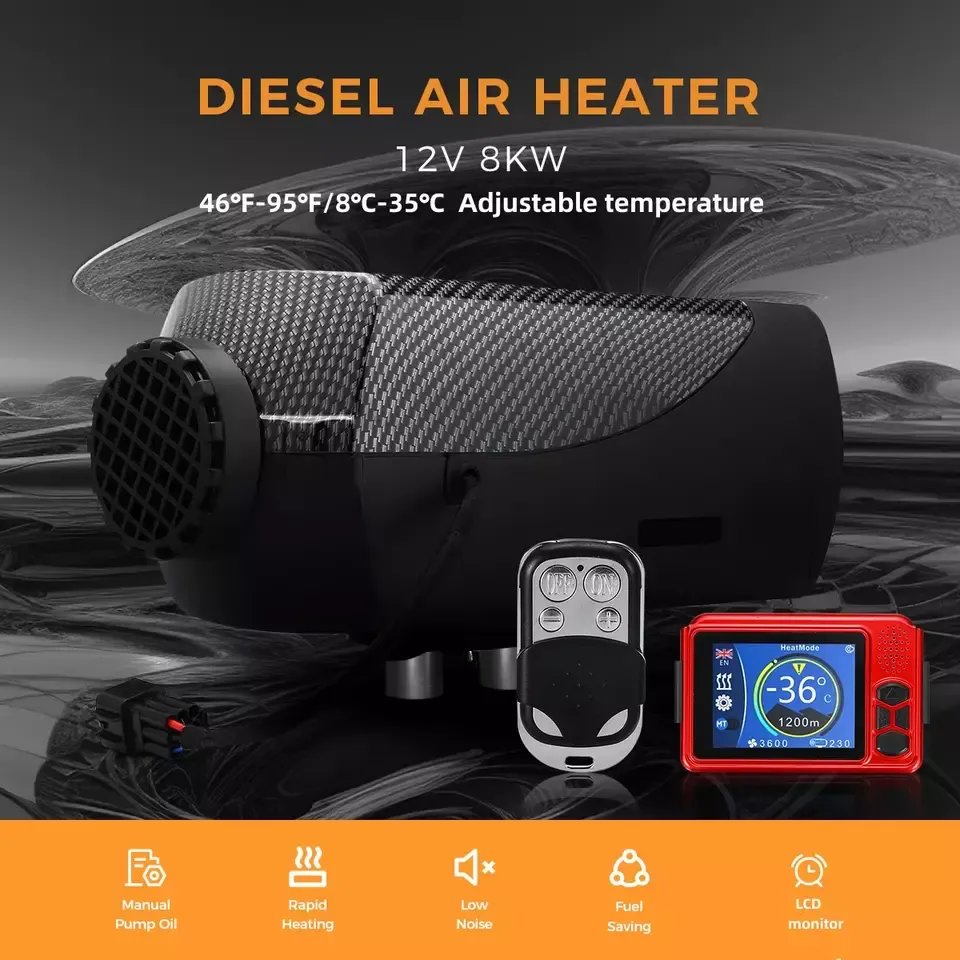 12V/24V/220V All-in-One Diesel Air Heater LCD For Caravan Houses Mobile Home Trucks Motor-home Boat Bus Room Garages Cars – Parking Heater with Silencer, LCD Display, and Remote Control