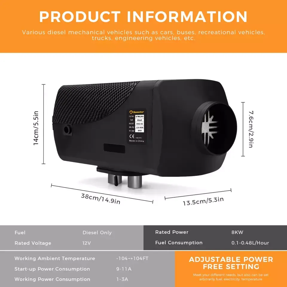 12V/24V/220V All-in-One Diesel Air Heater LCD For Caravan Houses Mobile Home Trucks Motor-home Boat Bus Room Garages Cars – Parking Heater with Silencer, LCD Display, and Remote Control