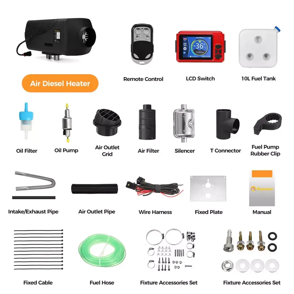12V/24V/220V All-in-One Diesel Air Heater LCD For Caravan Houses Mobile Home Trucks Motor-home Boat Bus Room Garages Cars – Parking Heater with Silencer, LCD Display, and Remote Control