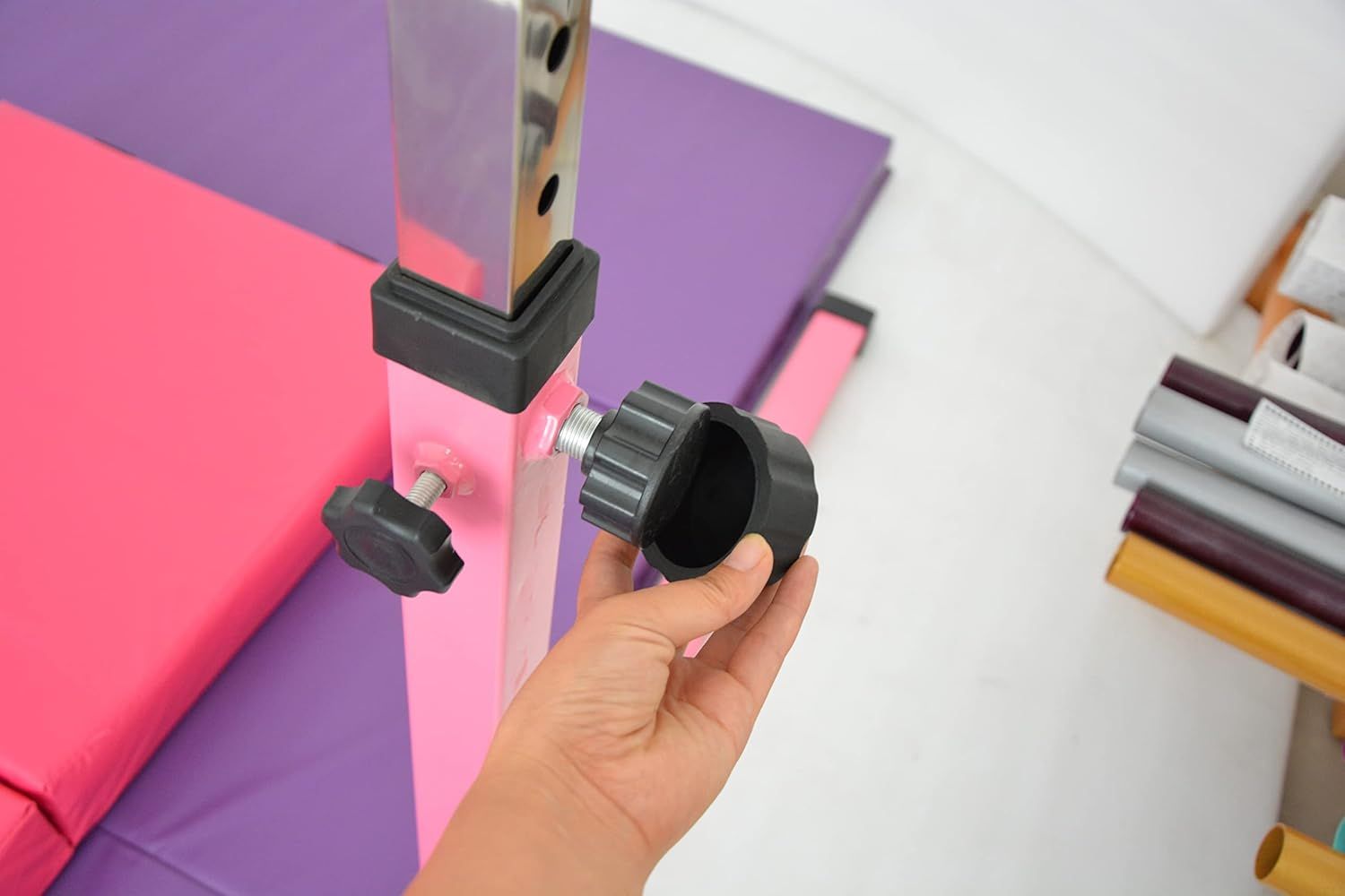 Adjustable gymnastics High Bar Kit for children ,With Mats and unique fold away system.