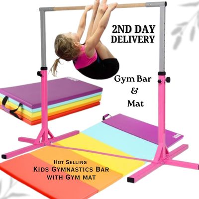 Adjustable gymnastics High Bar Kit for children ,With Mats and unique fold away system.
