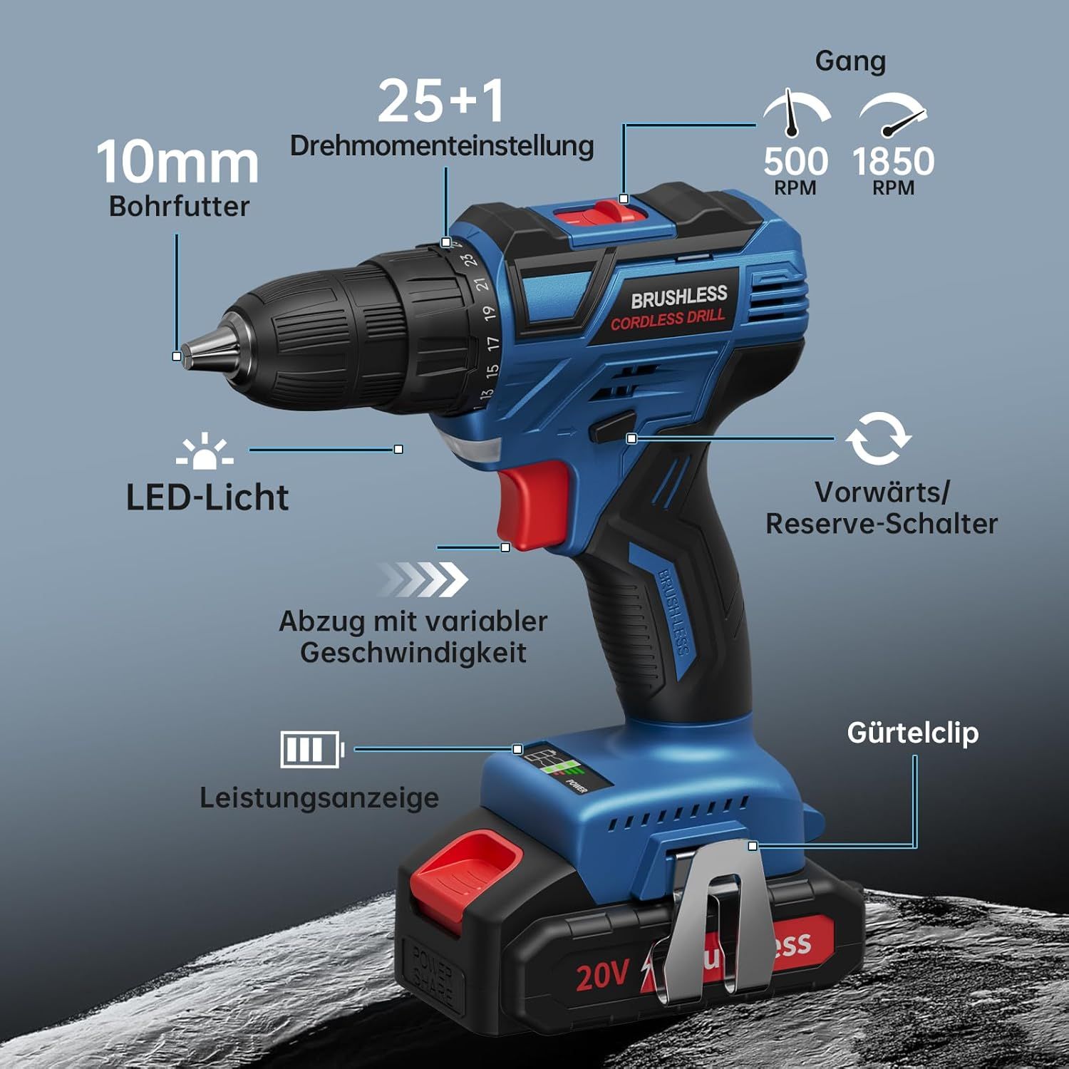 Cordless 20V Drill Set – 42 Accessories, 42Nm Electric Screwdriver, 2.0Ah Battery, 25+1 Torque, 2 Speed Settings, LED Light