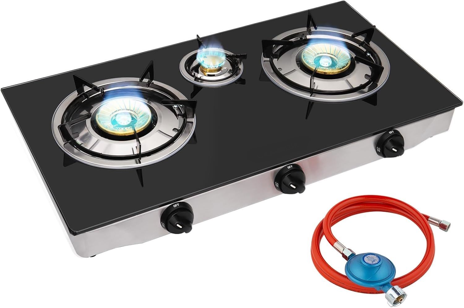 Indoor Gas Stove 2 Burners Hob Black Glass Cooker &amp; Regulator Set for Efficient Cooking and Modern Kitchen Setup, Type-Size: Type A - With Gas regulator &amp; 100 cm hose
