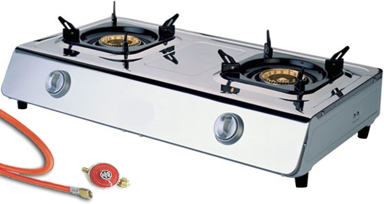 Indoor Gas Stove 2 Burners Hob Black Glass Cooker &amp; Regulator Set for Efficient Cooking and Modern Kitchen Setup