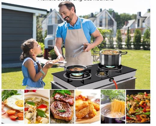 Indoor Gas Stove 2 Burners Hob Black Glass Cooker &amp; Regulator Set for Efficient Cooking and Modern Kitchen Setup