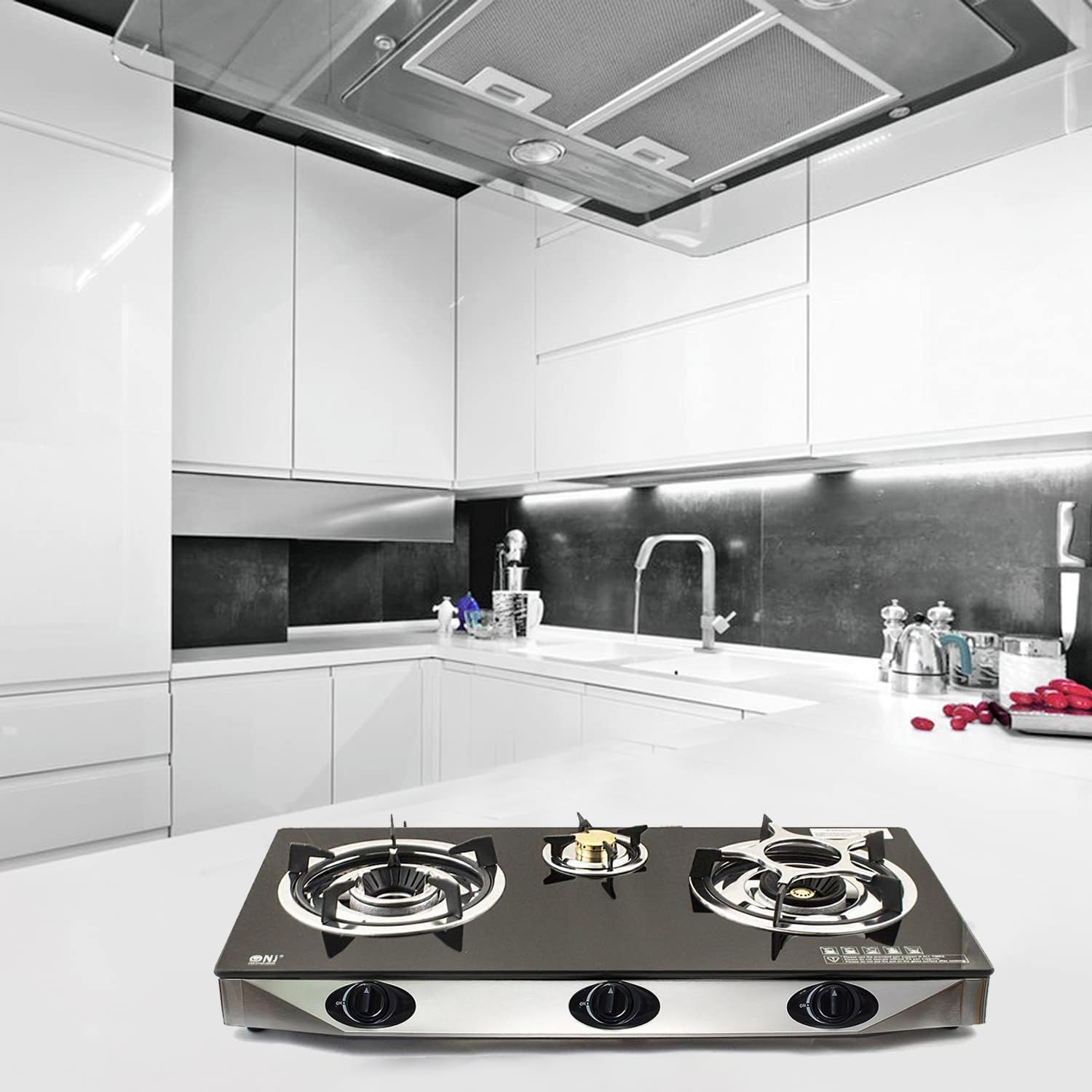 Indoor Gas Stove 2 Burners Hob Black Glass Cooker &amp; Regulator Set for Efficient Cooking and Modern Kitchen Setup