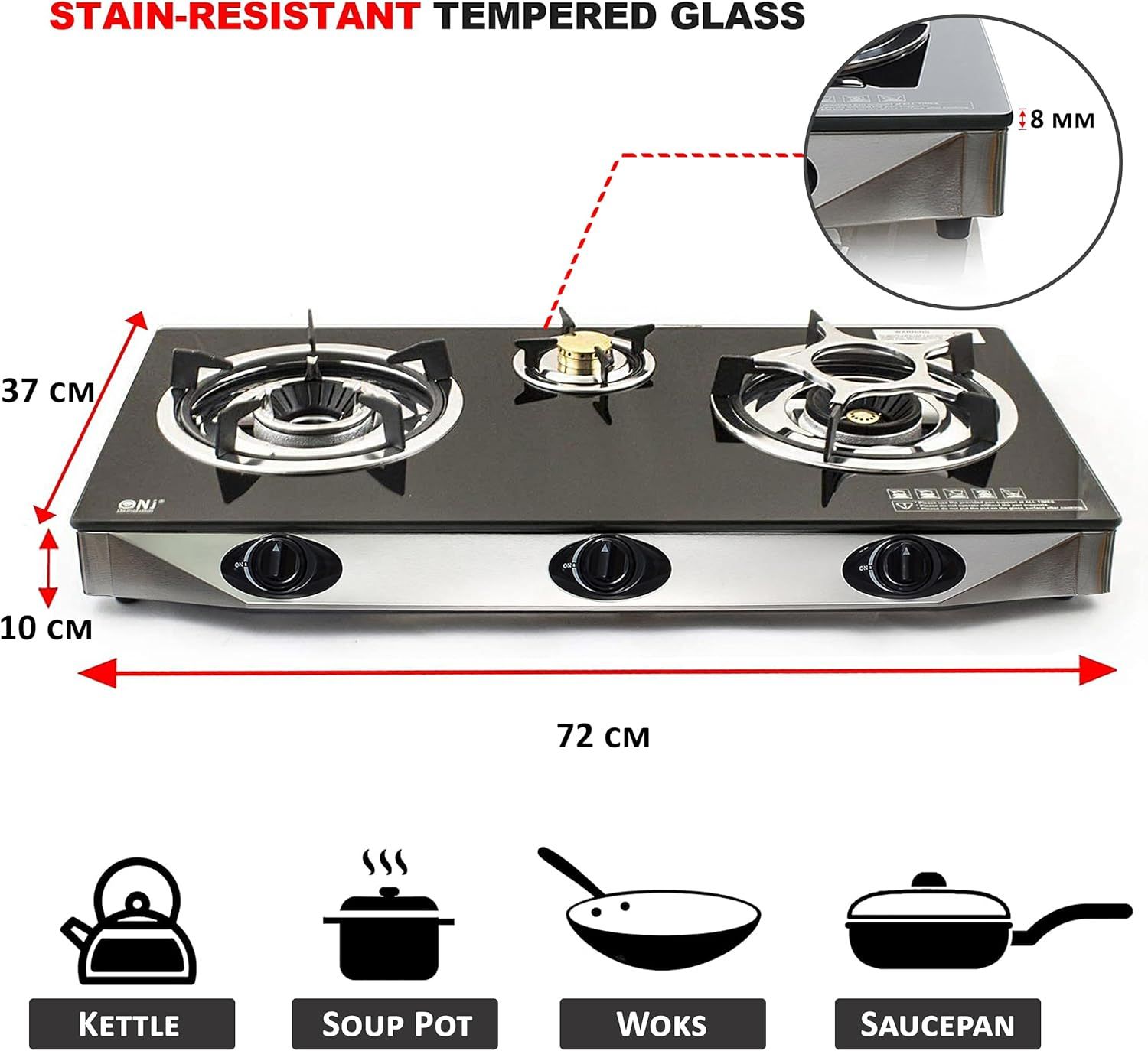 Indoor Gas Stove 2 Burners Hob Black Glass Cooker &amp; Regulator Set for Efficient Cooking and Modern Kitchen Setup